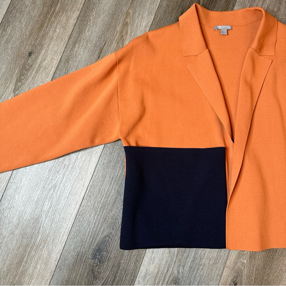 COS Colorblock Huge Pocket Knit Open Front Boxy Jacket Orange Navy Blue Sz S EUC - Picture 4 of 10